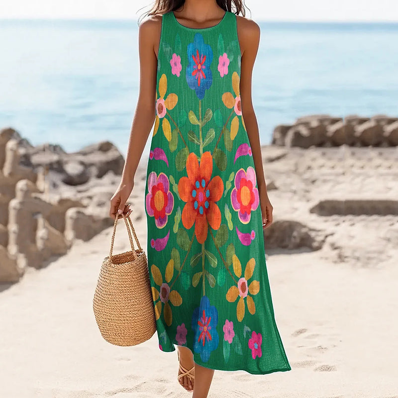 Women's Vintage Bohemian Floral Art Linen Tank Dress artswardrobe