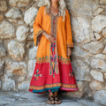 Women's Flower Embroidery Ethnic Print V-neck Loose Midi Dress artswardrobe