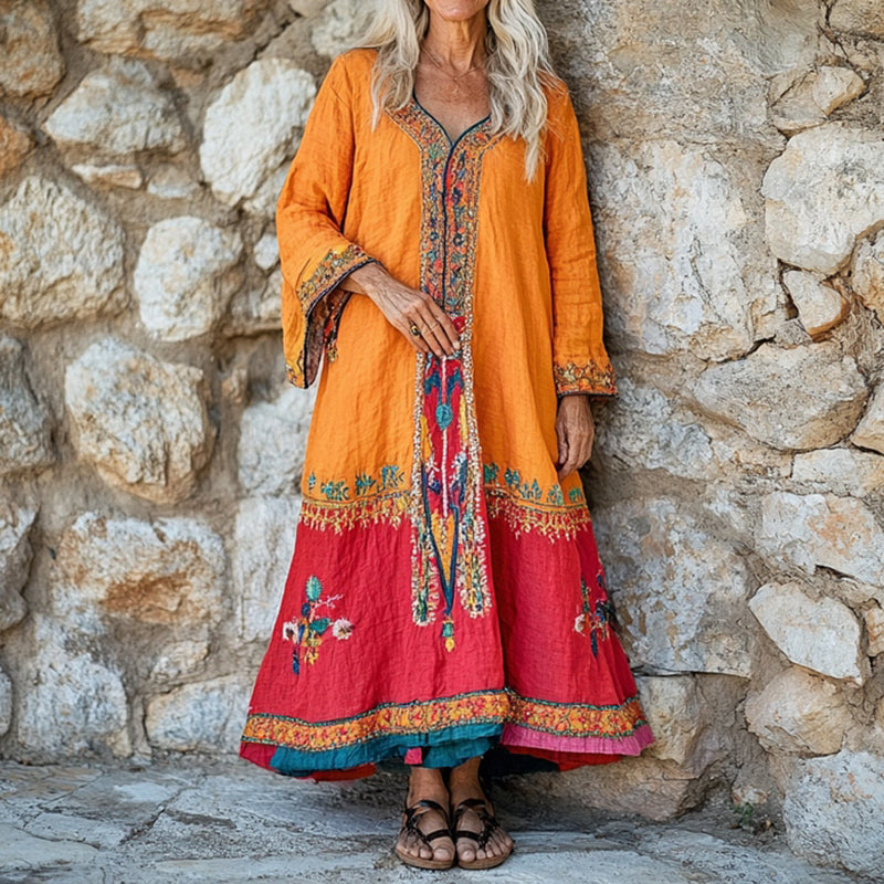 Women's Flower Embroidery Ethnic Print V-neck Loose Midi Dress artswardrobe