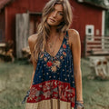 Vintage Independence Day Floral Patchwork Print V Neck Linen Tank Top artswardrobe