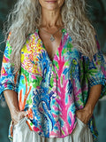 Women's Watercolor Marine Art Print Linen And Cotton V-neck Casual Shi
