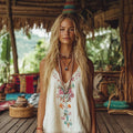 Vintage Floral Embroidery Art Women's Linen Tank Top artswardrobe