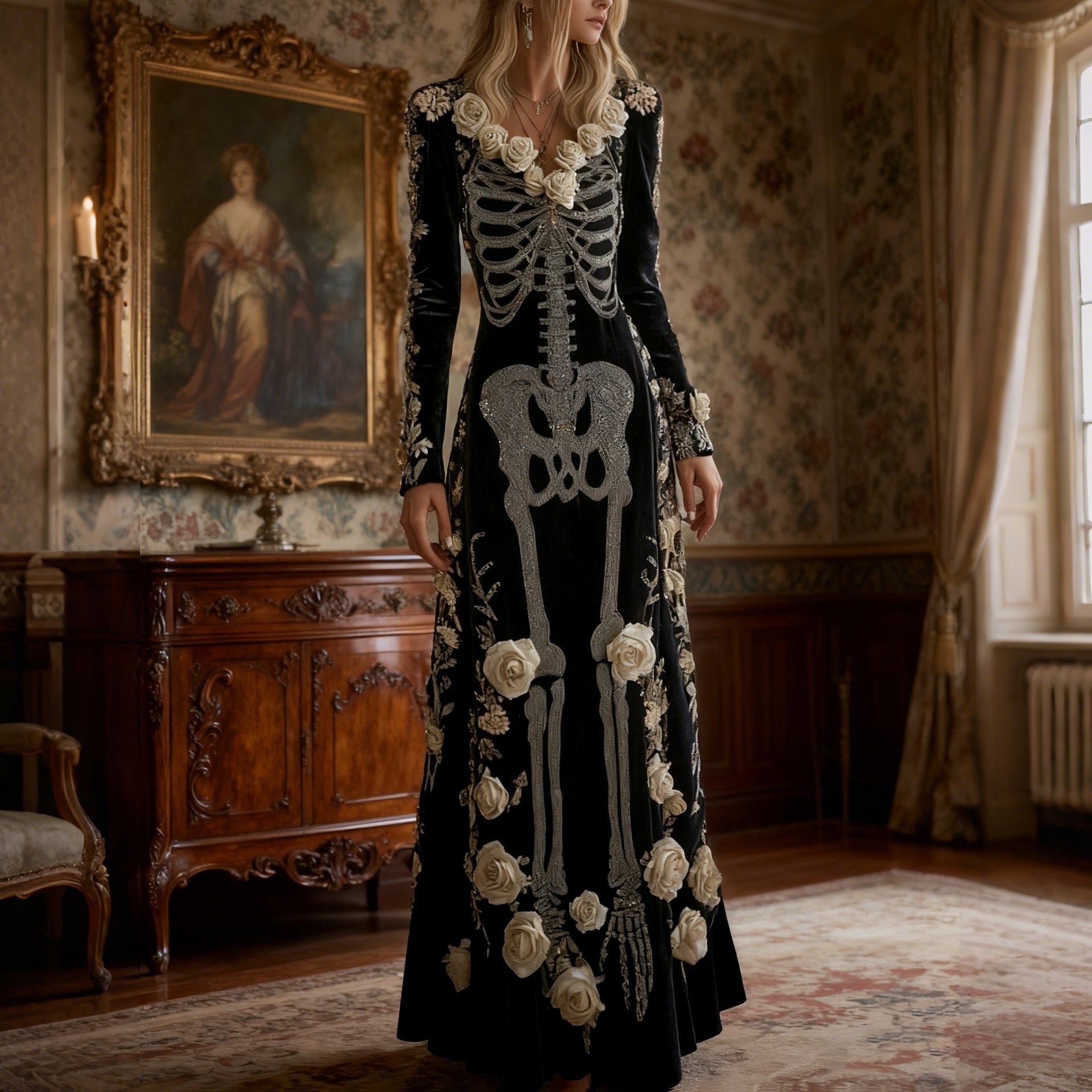 Comstylish Women's Halloween Classic Rose Skeleton Velvet V Neck Maxi Dress