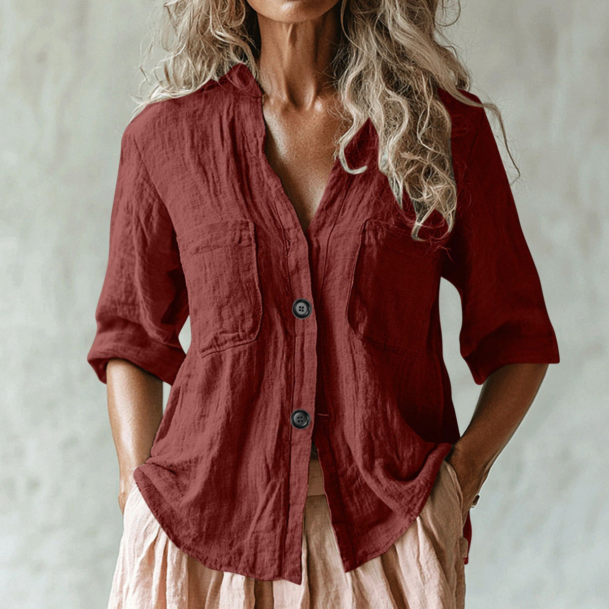 Comstylish Women's Vintage Solid Color Multiple Pockets Linen Shirt