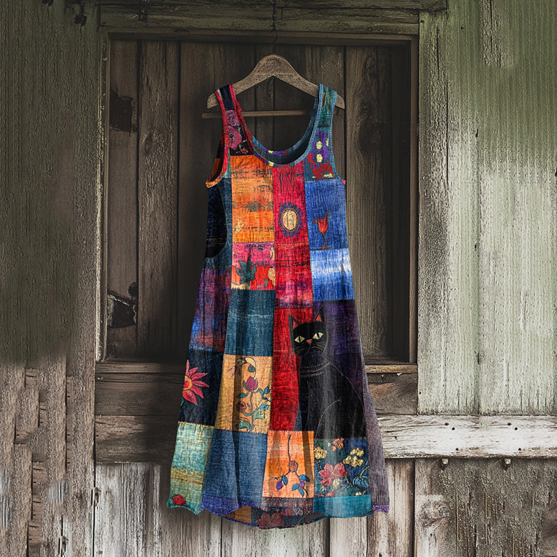 Vintage Black Cat Floral Patchwork Art Linen Blend Tank Dress