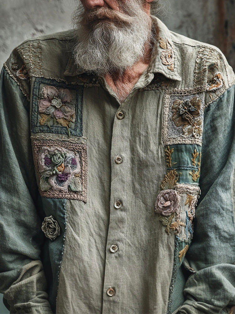 Boho Vintage Floral Patchwork Art Men's Linen Long Sleeve Shirt artswardrobe