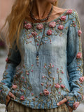 Comstylish Women's Pink Floral Denim-textured Long-sleeved Round-neck Top