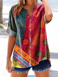 Women's Retro Ethnic Totem Art Printed Casual Cotton and Linen Shirt
