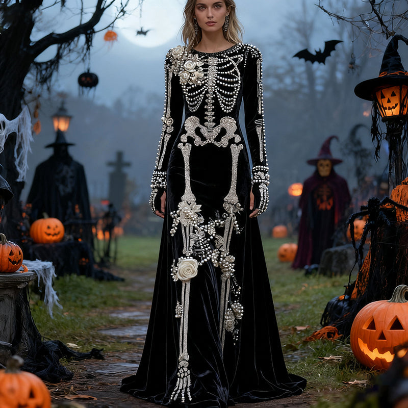 Comstylish Women's Halloween Skull Floral Velvet Crew Neck Maxi Dress