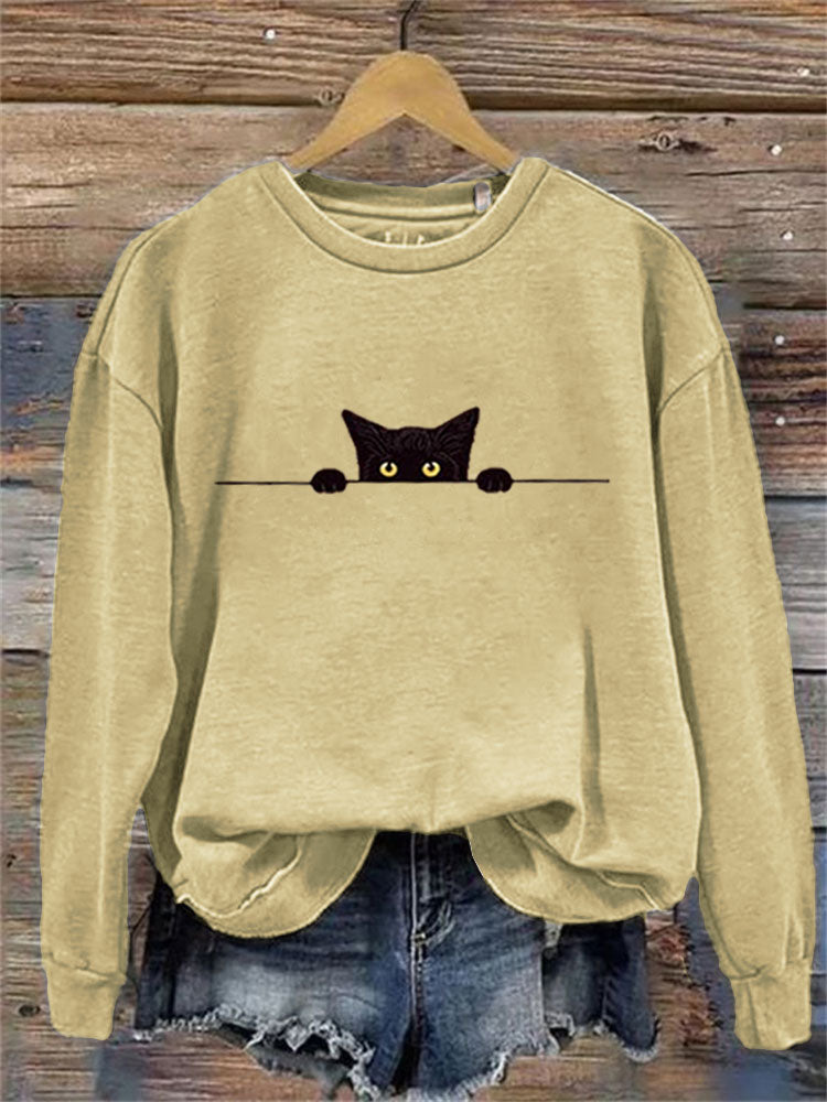 Comstylish Women's Casual Funny Black Cat Print Sweatshirt