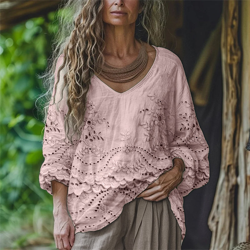Cottage Floral Embroidered Lace Flowy Linen Tunic artswardrobe