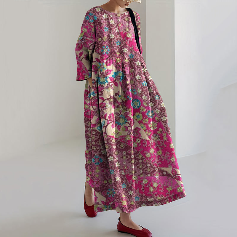 Comstylish Vintage Japanese Art Flower Print Loose Midi Dress