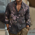 Men's Vintage Japanese Sakura Embroidered Art Lapel Long Sleeve Linen Shirt artswardrobe