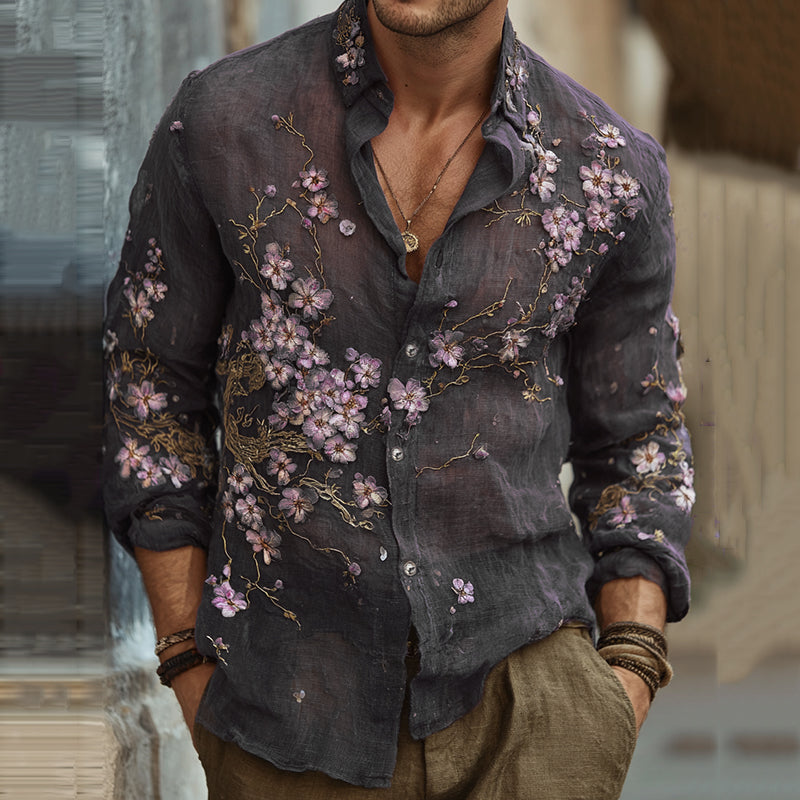 Men's Vintage Japanese Sakura Embroidered Art Lapel Long Sleeve Linen Shirt artswardrobe