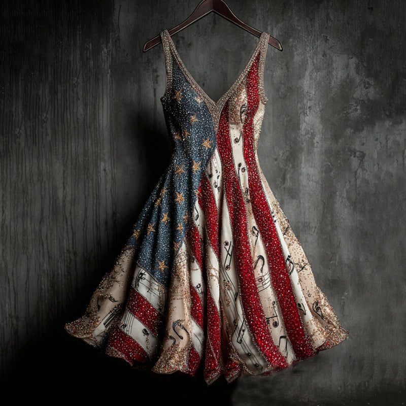 Vintage Sequin Music Notes And Flag Art Midi Dress artswardrobe