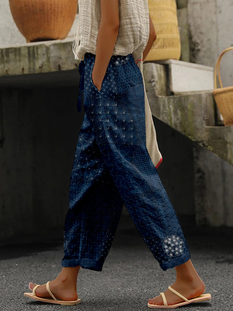 Comstylish Japanese Traditional Sashiko Art Linen Blend Casual Pants