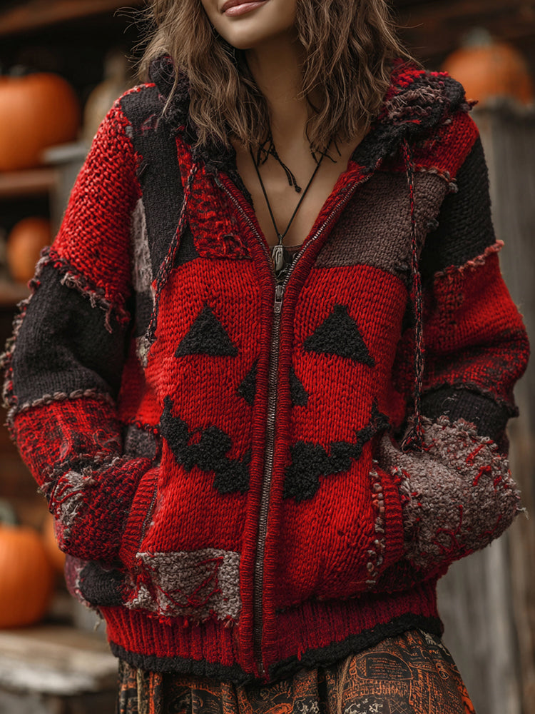 Patchwork Halloween Pumpkin Face Art  Cozy Knit Hooded Cardigan elevenforest