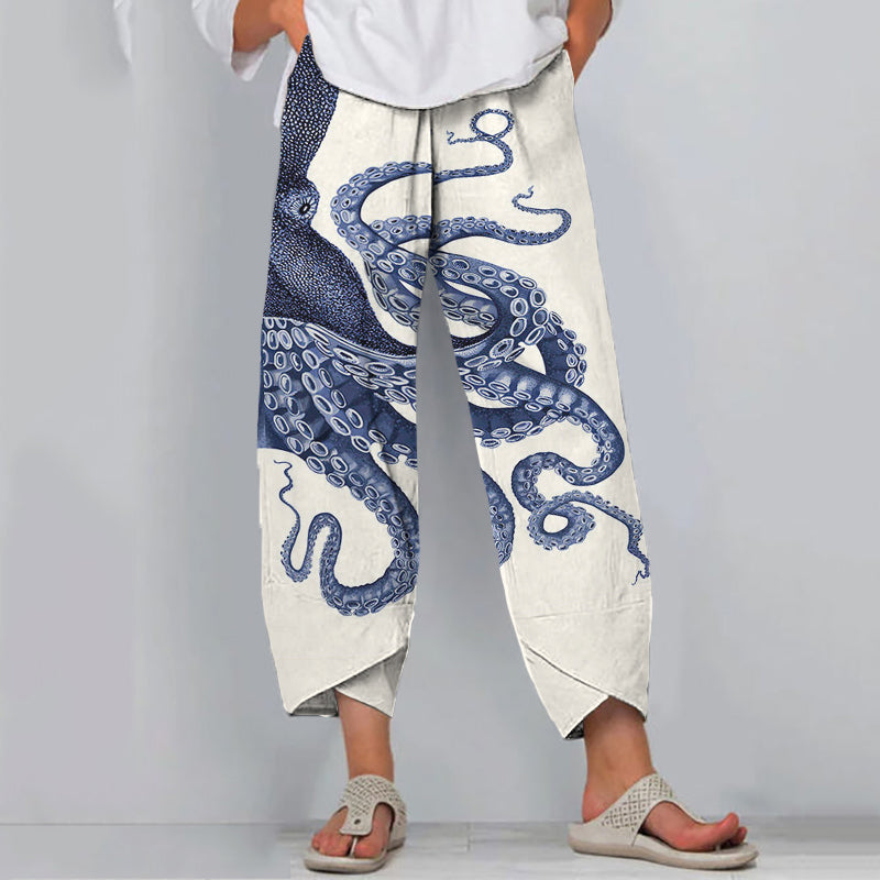 Comstylish Japanese Art Octopus Print Casual Pants