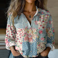 Bohemian Style Floral Patchwork Linen Print  Long Sleeve Shirt artswardrobe