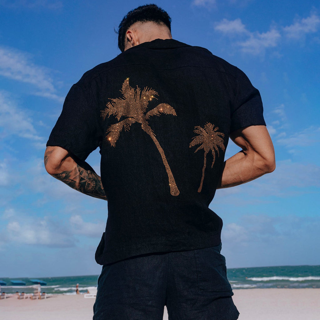 Men's Crystal Palm Tree Linen Shirt artswardrobe