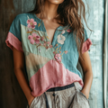 Women's Floral Blue And Pink Embroidery V Neck Casual Linen Top artswardrobe