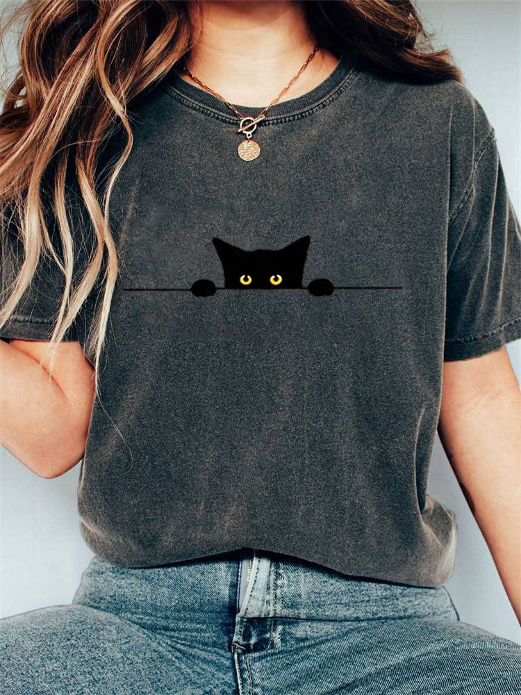 Women's Casual Funny Black Cat Print T-shirt elevenforest