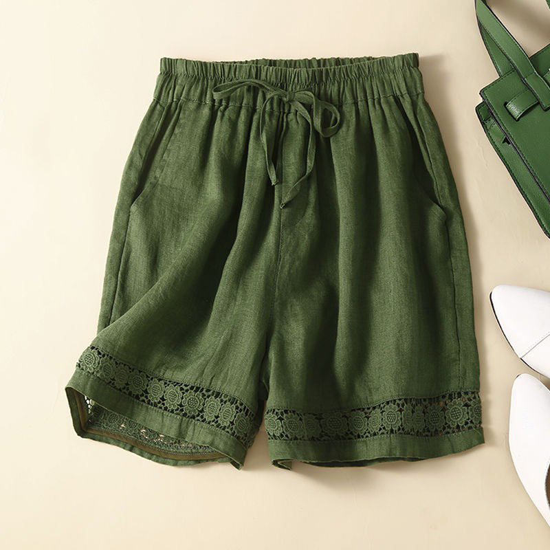 Women's Retro Solid Color Lace Elastic Waist Cotton And Linen Shorts artswardrobe