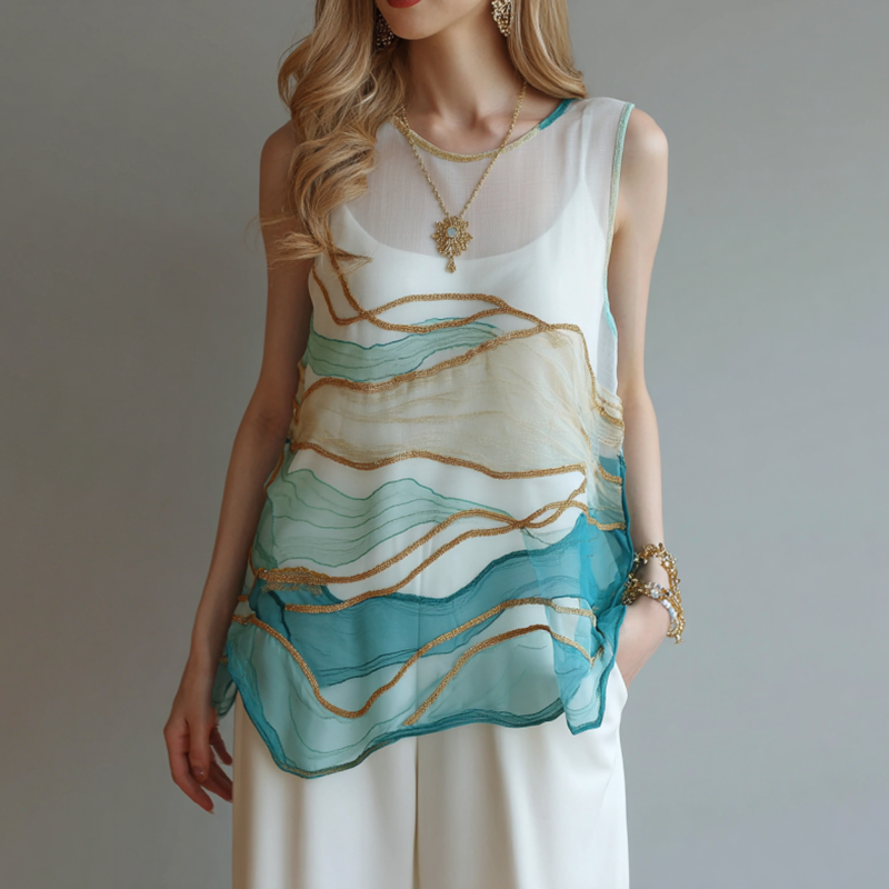 Vintage Marble Texture Collection Retro Bohemia Women Style Gradient Gilded Pattern Linen Tank Top artswardrobe