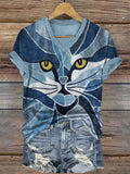 Cat Face Denim Patchwork V Neck T Shirt elevenforest