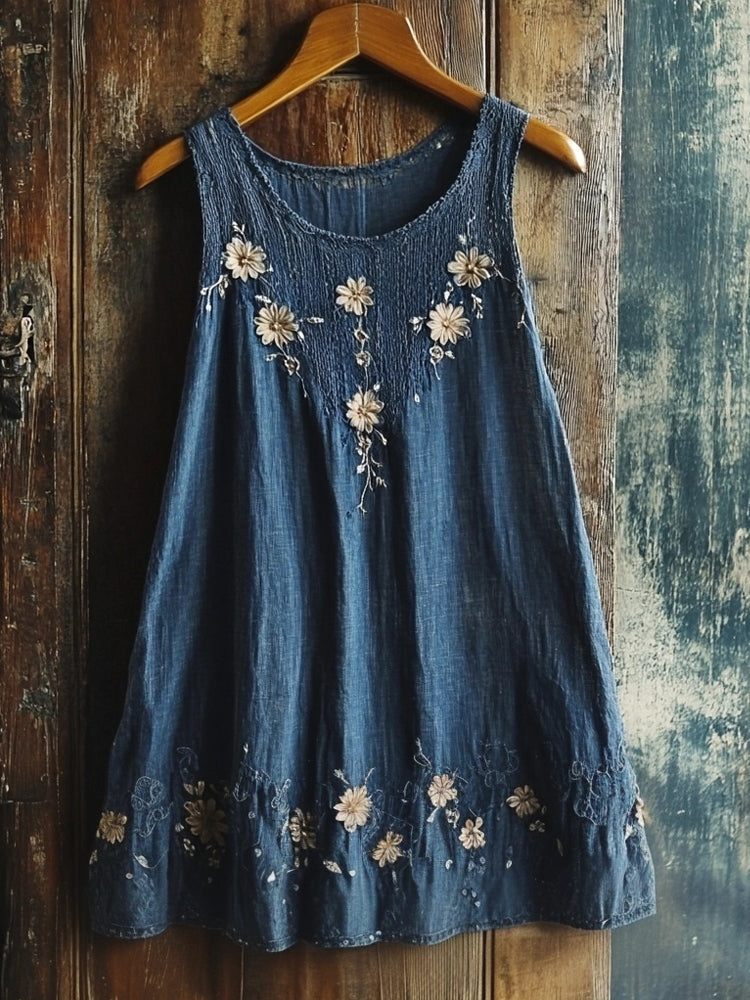 Vintage Floral Embroidered Crew Neck Linen Tank Top artswardrobe