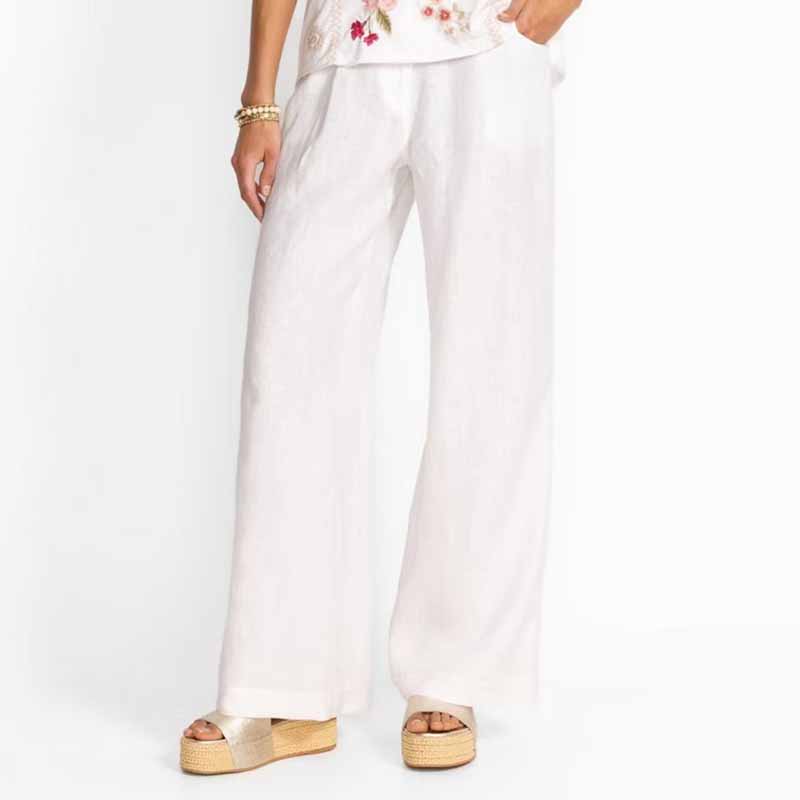 Women's Vintage Ethnic Floral Embroidery Linen V-neck T-shirt And Linen Wide-leg Pants Two-piece Set artswardrobe