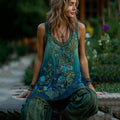 Vintage Classy Gradient Blue Rose And Floral Embroidered Pattern Linen Tank Top artswardrobe
