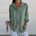 Comstylish Vintage Bamboo Leaf Floral Art Print Casual Linen V-Neck Shirt