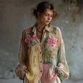 Comstylish Boho Pink Roses Embroidered Colorblock Lace Stitched Linen Blouse