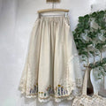 Women's Elegant Lace Flowers Embroidery Art Linen Blend Skirt artswardrobe