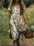 Women's Art Floral Vintage Print V-Neck Dress