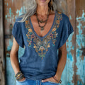 Vintage Bohemian Ethnic Floral Linen Art Print Short Sleeve V-neck Shirt artswardrobe