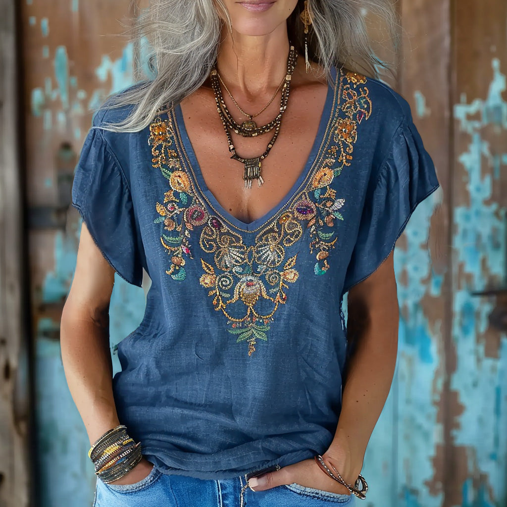 Vintage Bohemian Ethnic Floral Linen Art Print Short Sleeve V-neck Shirt artswardrobe