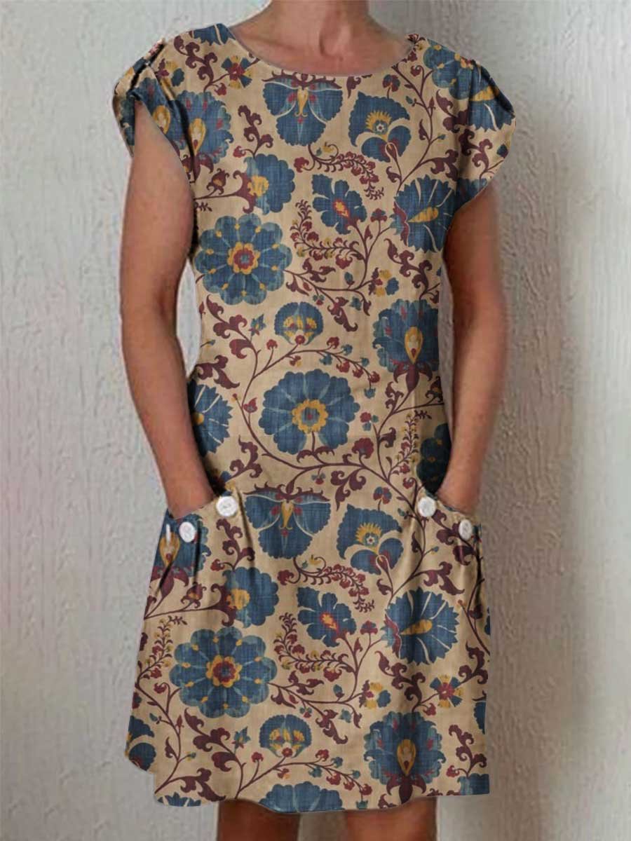 Women's Classic Floral Cotton and Linen Dress