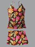 Brown Background with Colorful Flowers V-Neck Vintage Flowers Print Suspender Skirt Tankini Pantskirt Set Swimsuit