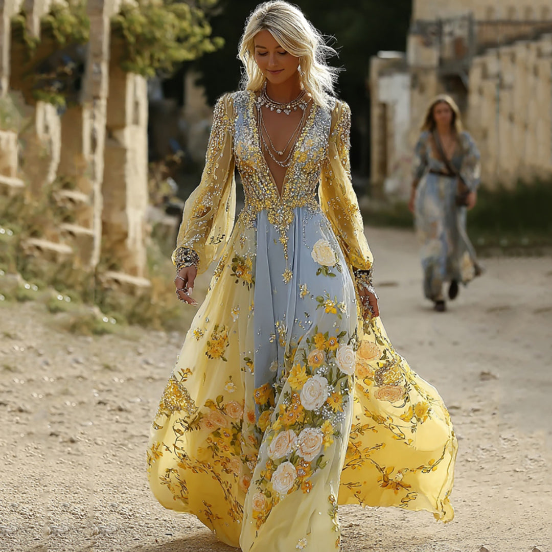 Comstylish Women's Vintage Yellow Floral Embroidery V Neck Casual Midi Dress