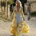 Women's Vintage Yellow Floral Embroidery V Neck Casual Midi Dress artswardrobe