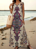 Women's Floral Art Print V-Neck Sleeveless Cotton Pocket Dress