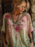 Boho Pink Roses 3d Embroidered Glitter Gradient Linen Shirt artswardrobe