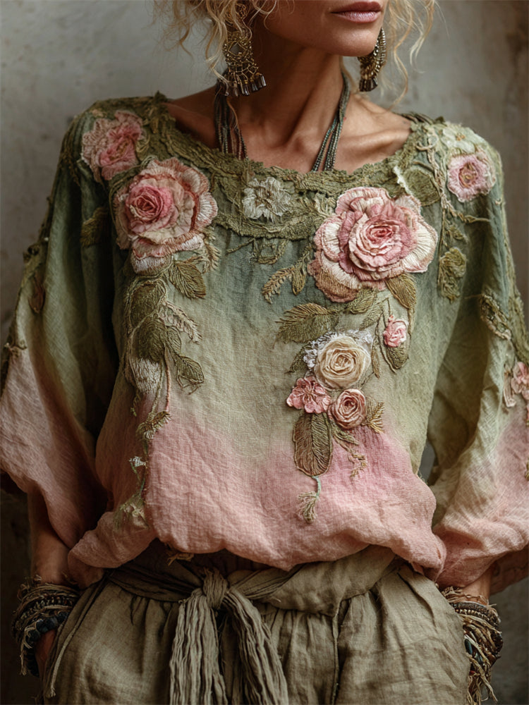 Vintage Pink Roses Forest Gradient Linen Tunic artswardrobe