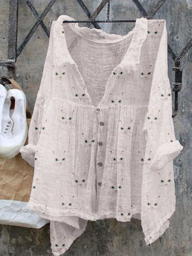 Cute Cat Face Pattern Cozy Flowy Shirt elevenforest