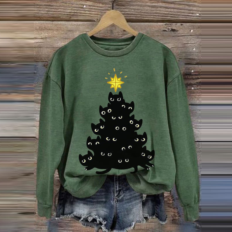Christmas Tree Cat Print Crew Neck Sweatshirt elevenforest