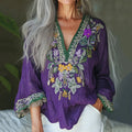 Vintage Floral Embroidery Linen Art V-neck Shirt artswardrobe