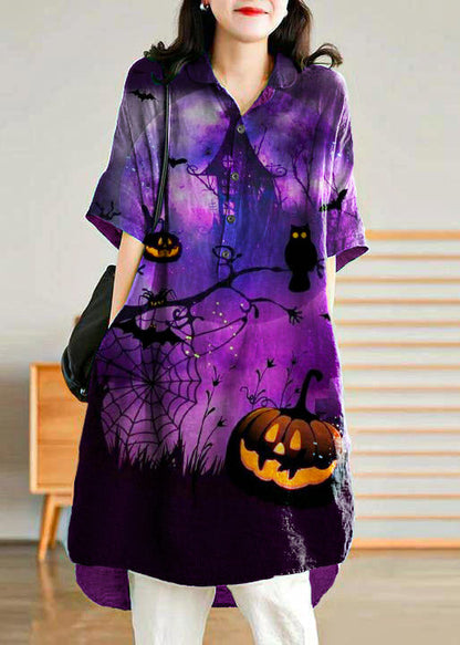 Jade Purple-pumpkin Stripes Polka Dots Linen Linen Shirt Dress