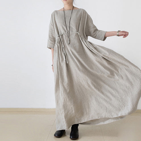 Autumn Nude Natural Linen Caftans Linen Dresses Drawstring Waist Design Flattering Dress